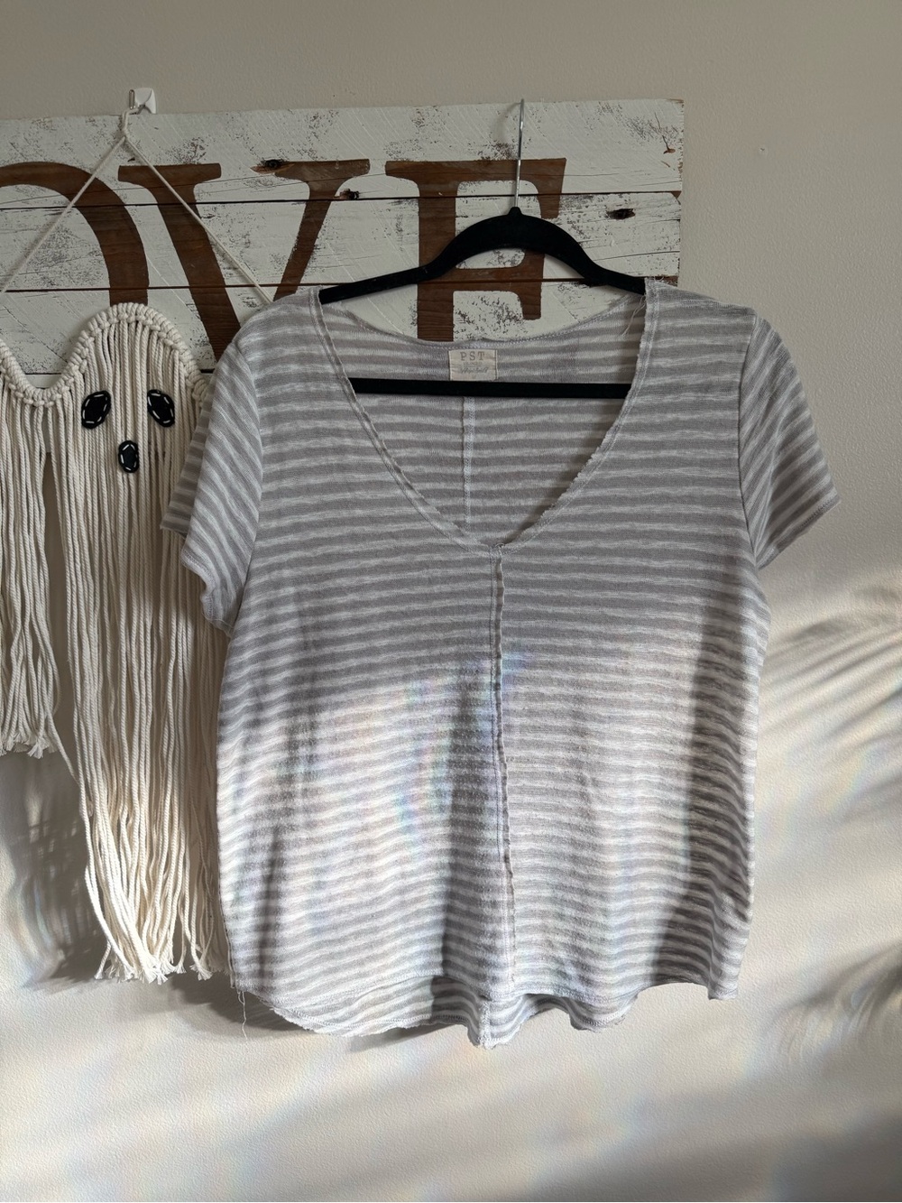 PST Striped V-Neck Short Sleeve Tee in Light Gray and White